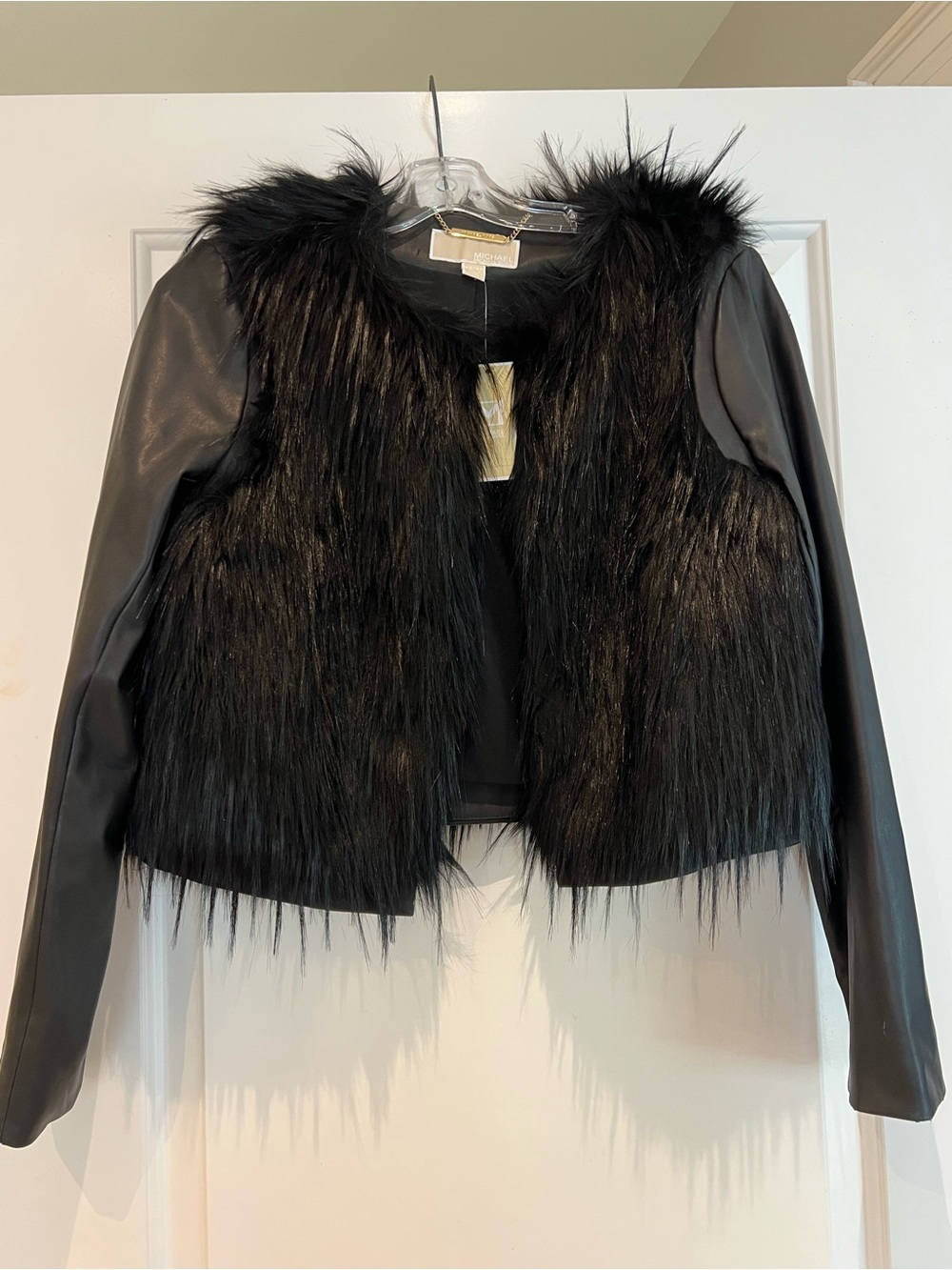 Michael Kors Black Faux Fur Front Jacket with Faux Leather Sleeves